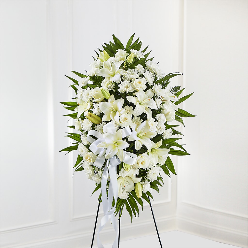Exquisite Tribute Standing Spray-White Ribbon – Sunset Ridge Floral Llc, Morganton NC