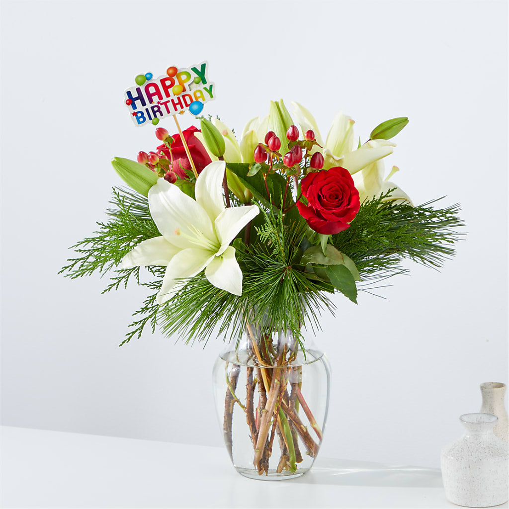 Evergreen Delight Bouquet & Happy Birthday Topper – Sunset Ridge Floral Llc, Morganton NC